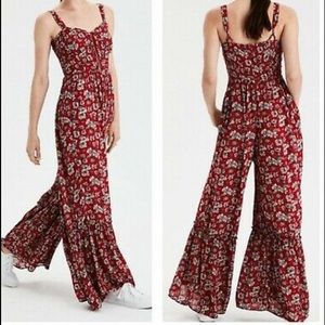 American Eagle Red floral boho jumpsuit